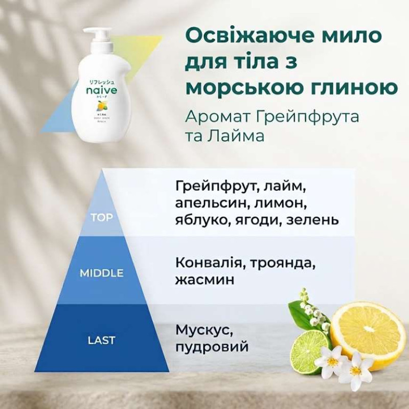 Kracie Naive Body Soap Refresh Sea Mud рідке мило для тіла з морською глиною, поповнення 360 мл