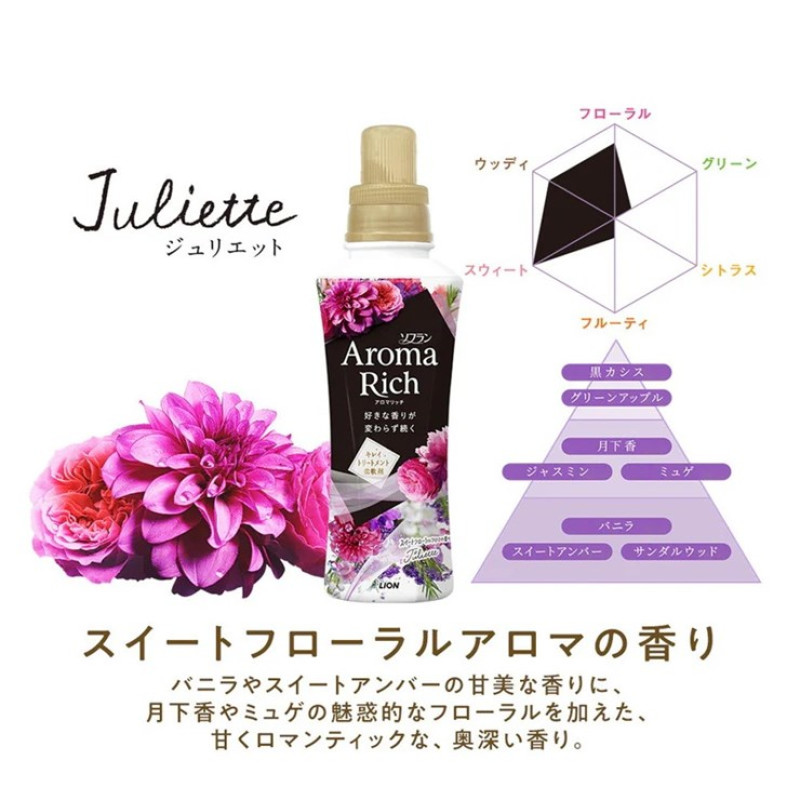 LION Soflan Aroma Rich Juliet парфумований кондиціонер для білизни, квітковий аромат, поповнення 380 мл