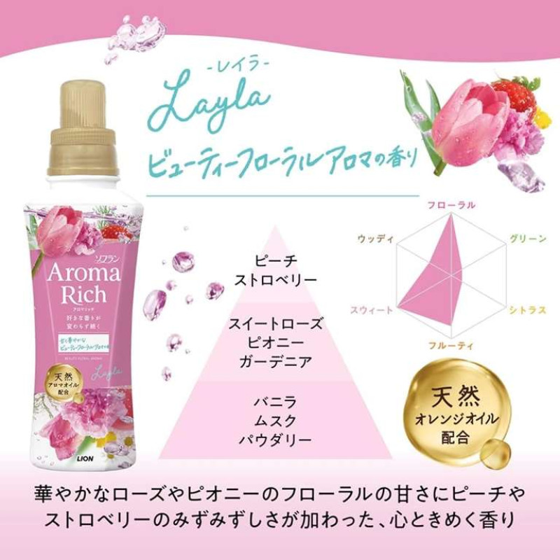 LION Soflan Aroma Rich Layla парфюмированный кондиционер для белья, аромат сладкого букета, запасной блок 1300 мл